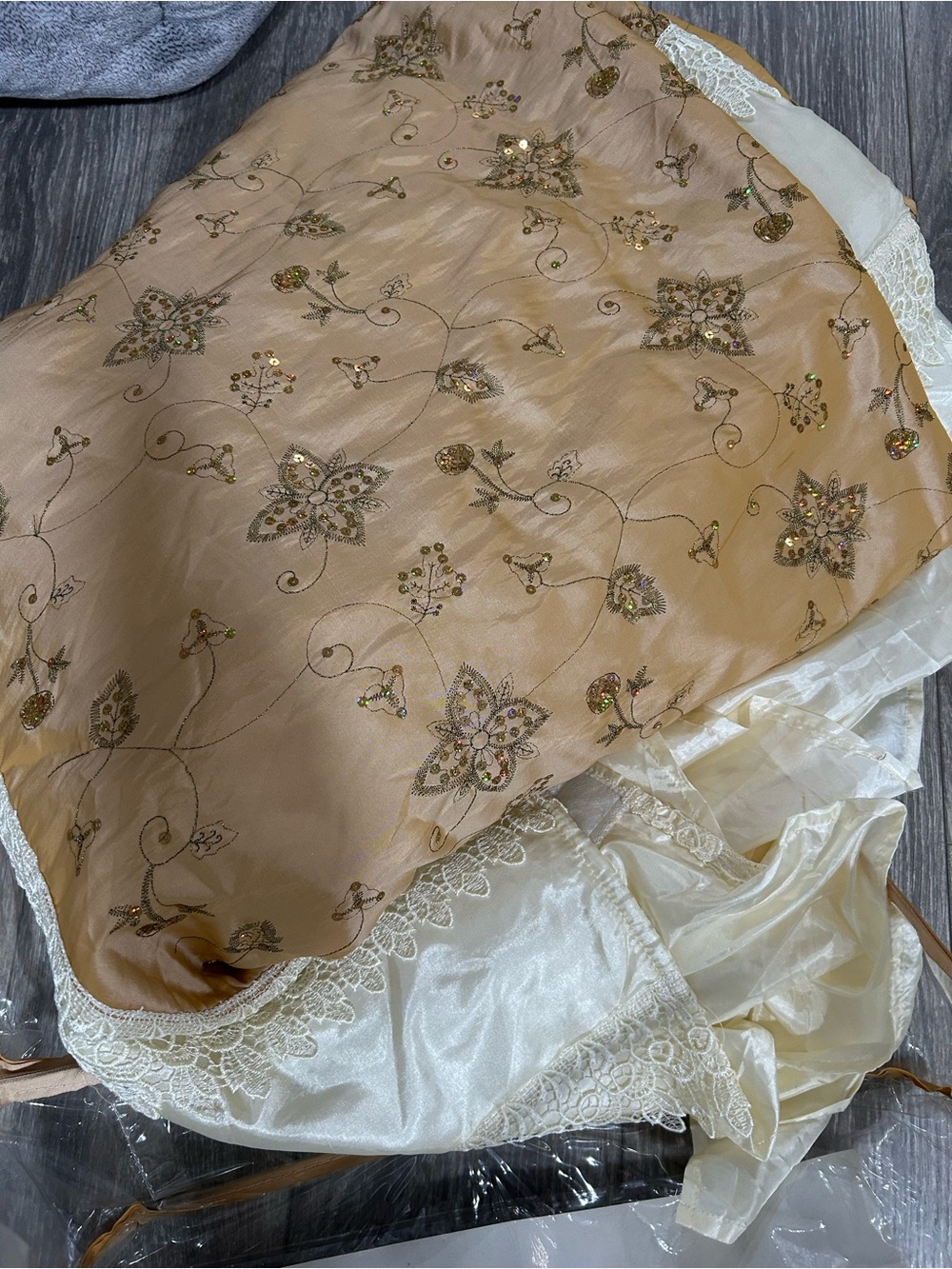 Embroidered Floral Blanket in Beige with Lace Trim